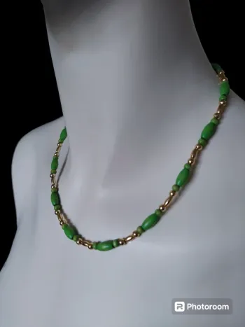 Collier necklace fantaisie chic perle doré vert bois