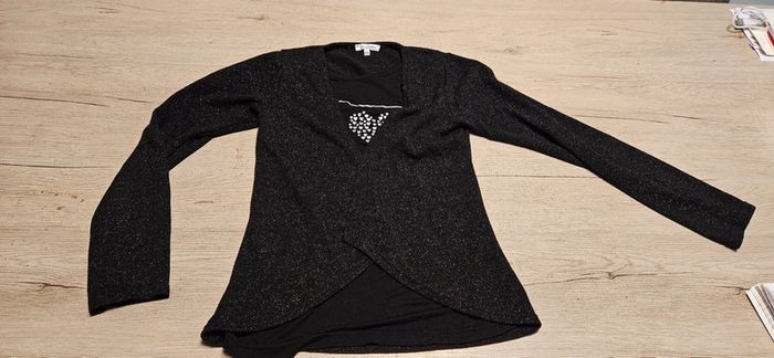 Gilet noir brillant avec t shirt, manches longues, Miss Liberto, taille 16 ou XS/S - photo numéro 4