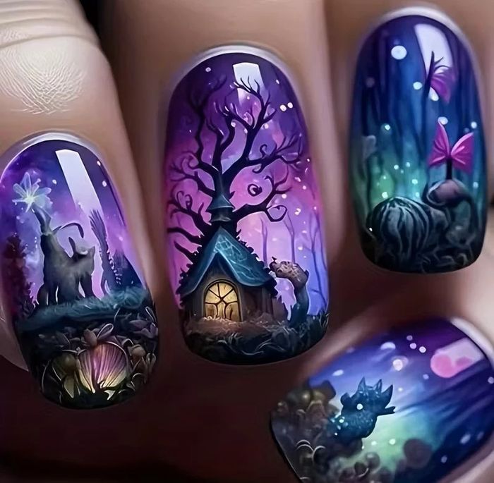 🦇 Faux ongles Halloween Magie & Mystère – 24 pièces pour un look féerique et envoûtant 💜🌲