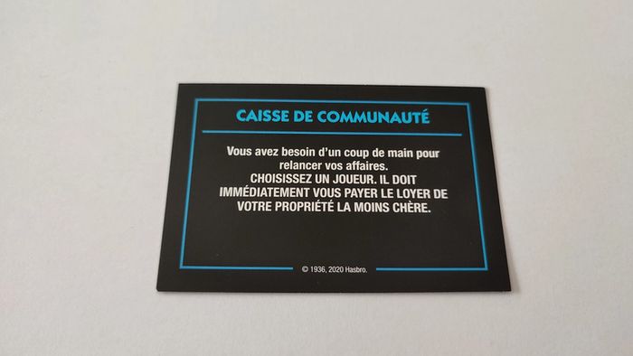 Carte caisse de communauté Coup de main jeu de société Monopoly mauvais perdants Hasbro Gaming #B77