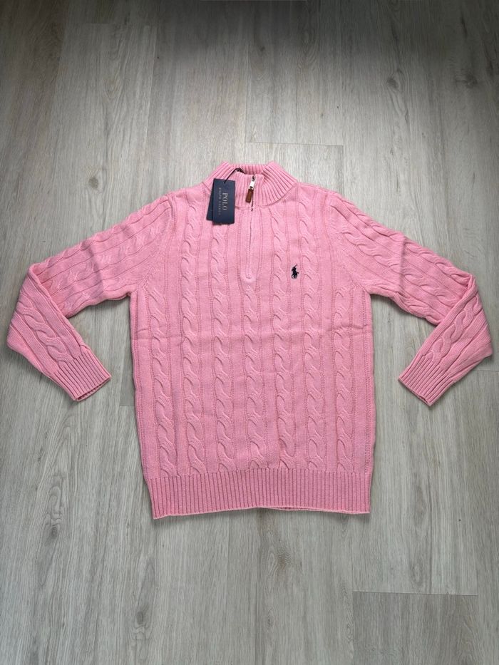 Torsadé Half zip demi zip Ralph Lauren col rond | Taille M hommes | Rose avec logo noir - photo numéro 2