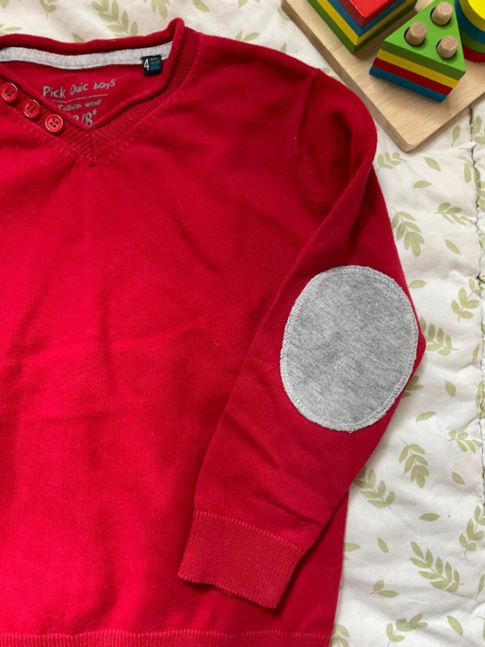 pull léger col V rouge et gris 4 ans pick ouic - photo numéro 5