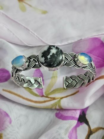 Bracelet manchette ajustable en argent sterling 925 avec pierre white turquoise Buffalo et opalite