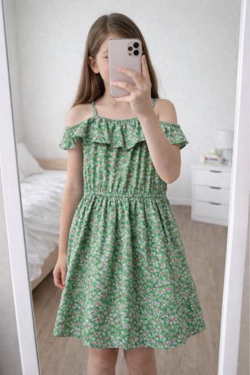 Robe été verte à fleur rose et volant kiabi 10 ans