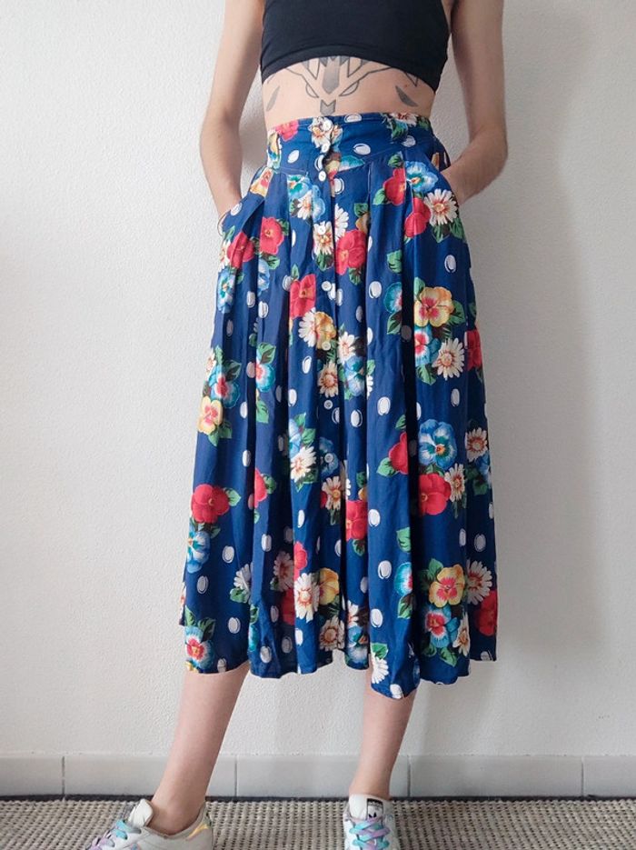 Jupe longue évasée bleu fleur multicolore vintage 70-80 / René Derhy - 34/XS à 36/S - photo numéro 2