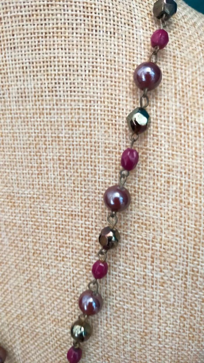 Collier vintage à pampille bronze – Perles prune & métalliques – Style bohème chic - photo numéro 7