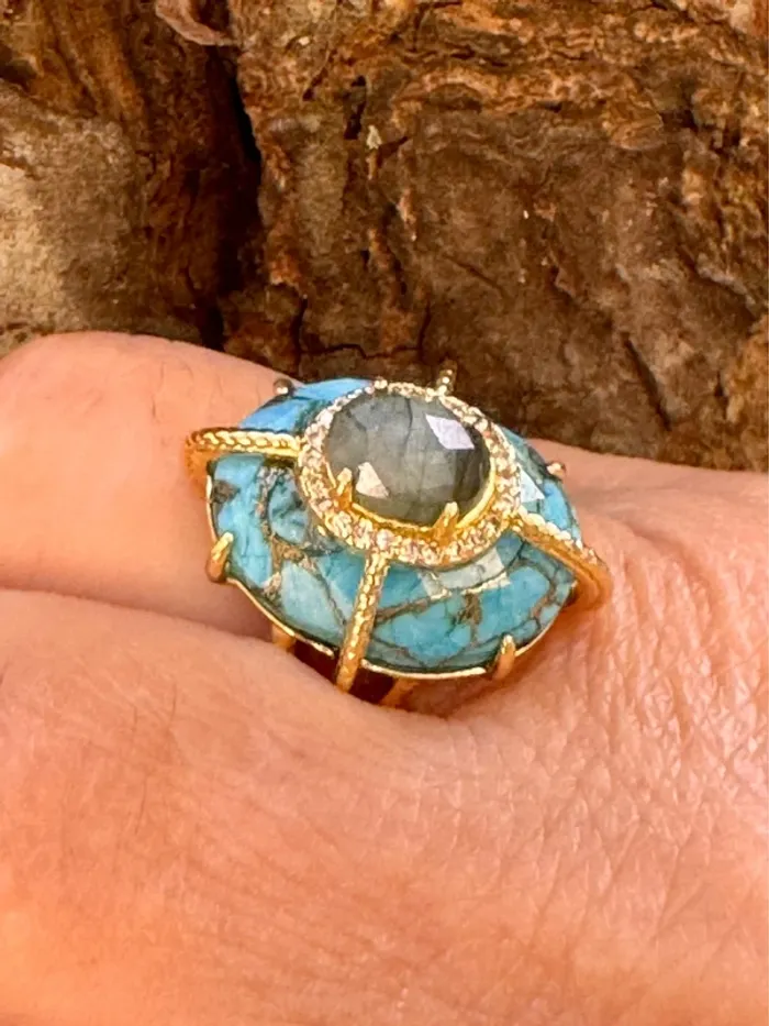 Bague habaha Paris véritable zircons turquoise et jade vert acier inoxydable or - photo numéro 2