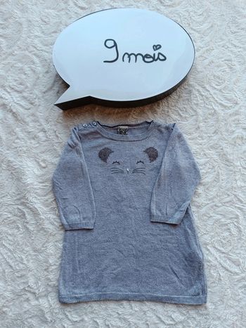 Robe pull manches longues hiver laine Fille 9 mois chat Tao