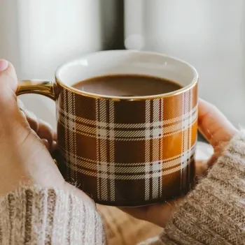 Tasse en porcelaine à carreaux, motifs tartan et poignée dorée.