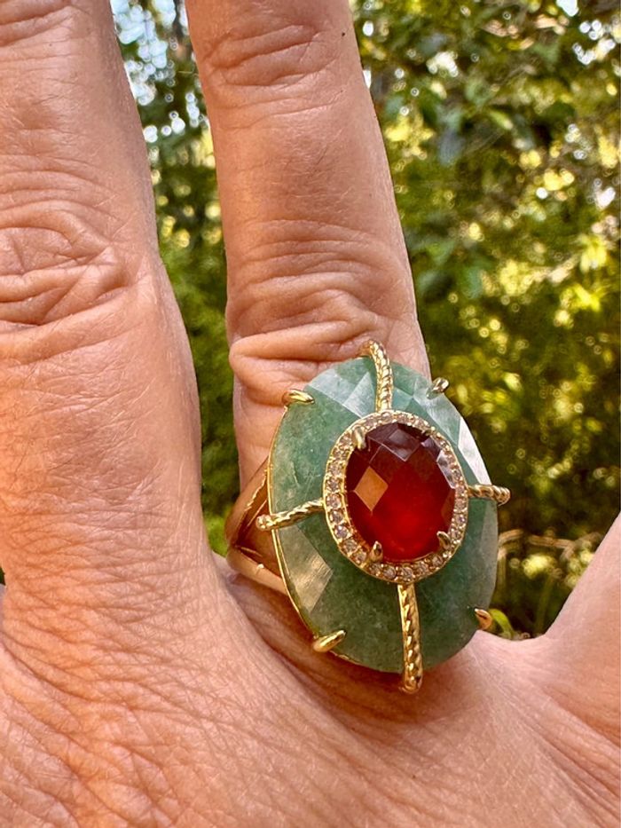 Grosse bague habaha Paris acier inoxydable or cornaline et jade vert zircons - photo numéro 5