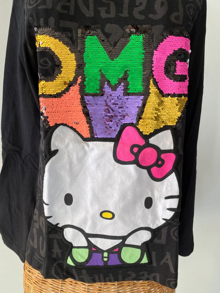 Tee shirt Desigual Hello Kitty noir a sequins paillettes taille 11-12 ans - photo numéro 2