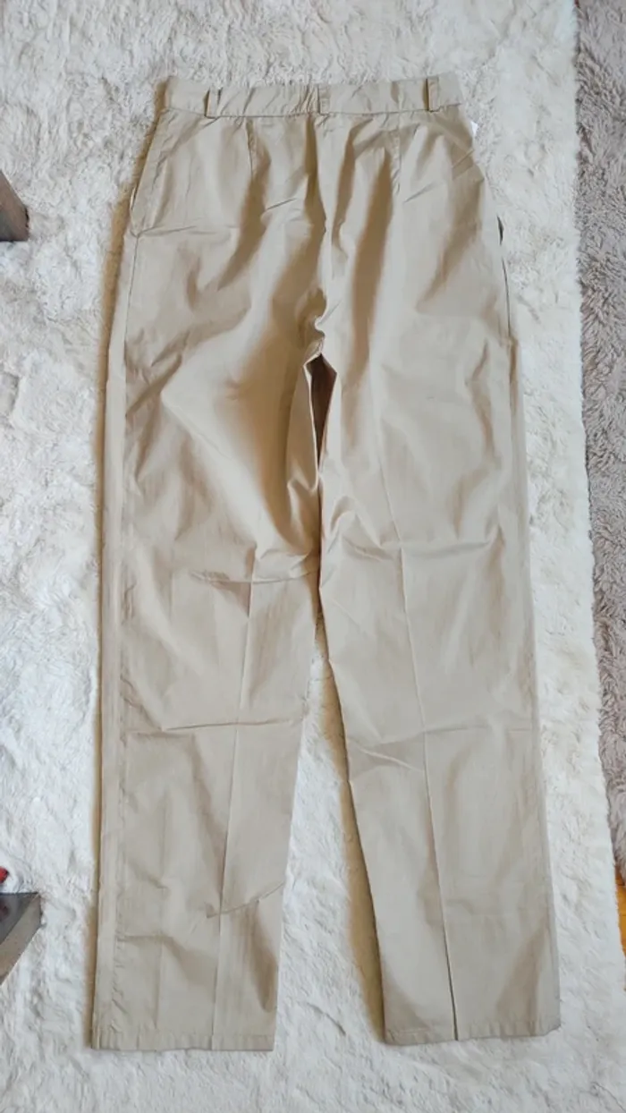 Pantalon vintage jean large en tissu léger beige taille haute - photo numéro 2