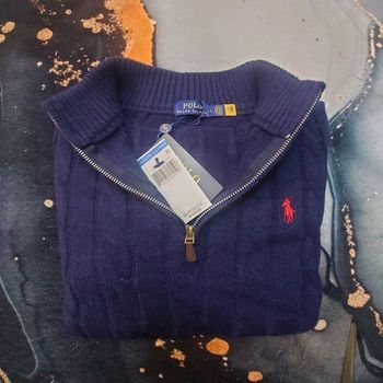 Half zip Ralph Lauren bleu 1/4 col camionneur torsadé logo brodé rouge taille L