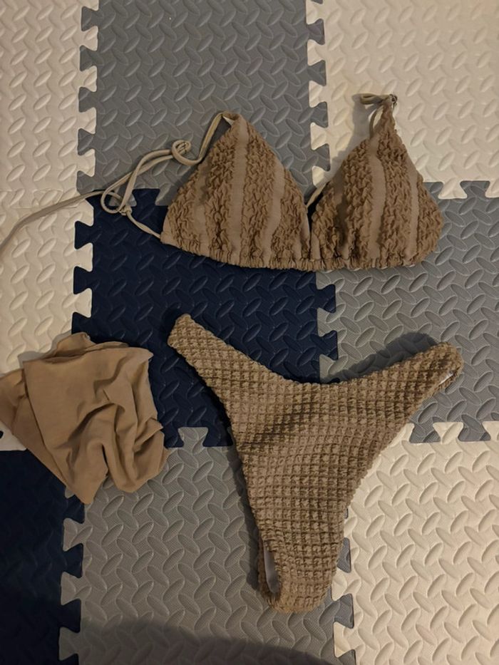 Lot 3 pièces Ensemble de plage marron triangle, tanga et paréo - photo numéro 6