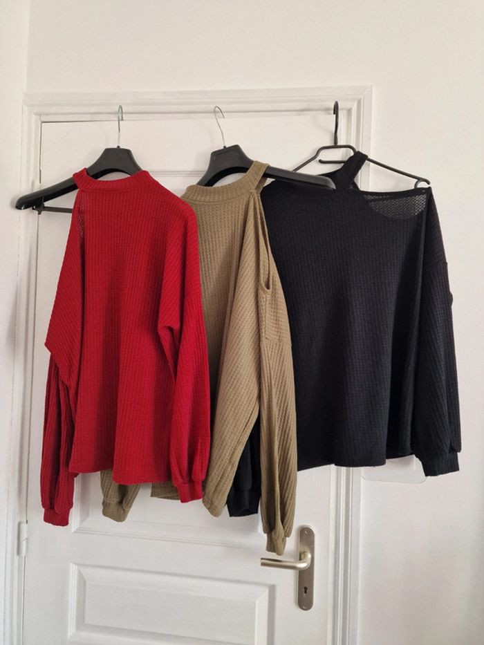 Top maille gaufrée rouge cerise/noir/olive - photo numéro 3