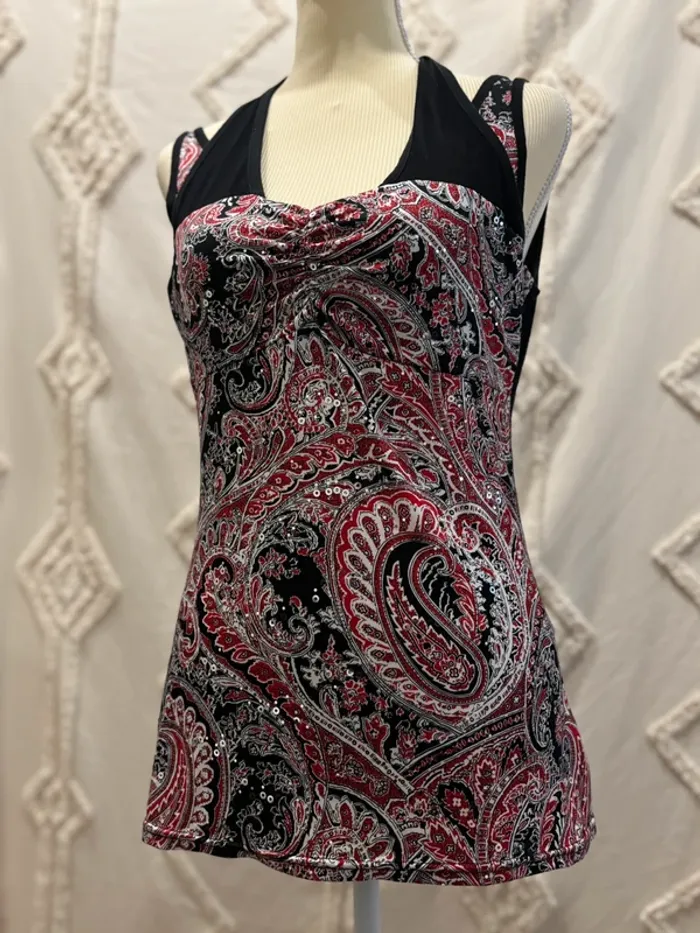 Top dos nu vintage à nouer - imprimé cachemire & sequins - photo numéro 2