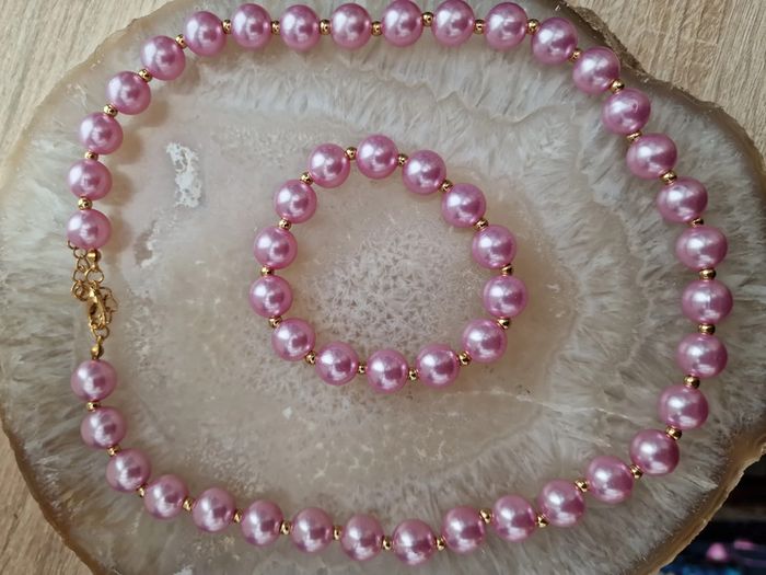 Parure Collier Bracelet De Perles Rose Lila Doré - photo numéro 10