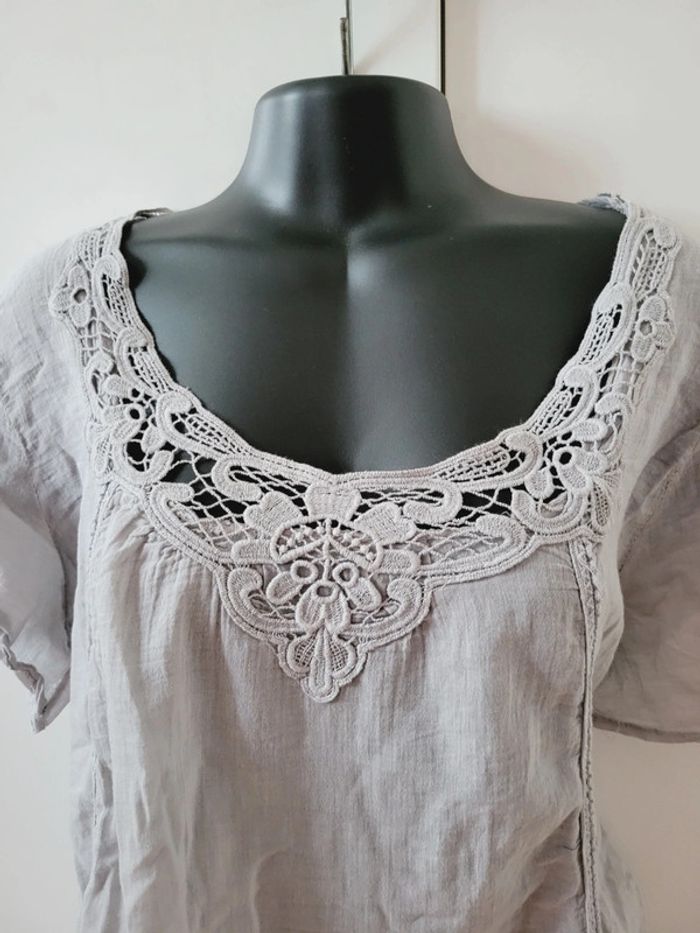 Haut Top tee shirt gris dentelle L /40 /12 coton coquette - photo numéro 5