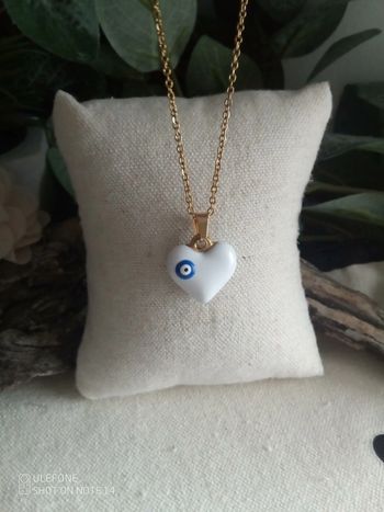 Collier coeur blanc émaillé avec oeil du turc du nazar 🧿.