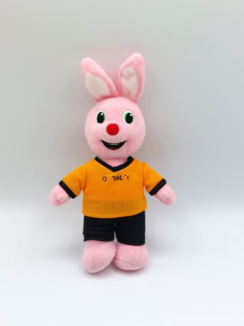 Petite peluche doudou lapin rose DURACELL 23 cm tee-shirt jaune pile au dos collector