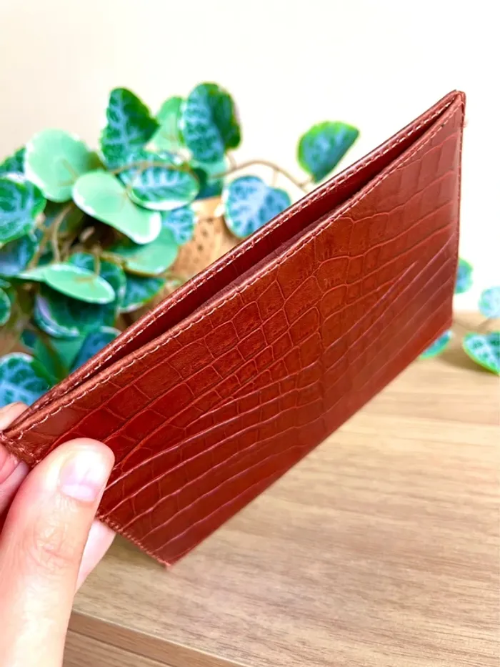 Etui documents cuir imprime croco brun cognac neuf porte passeport slim - photo numéro 2