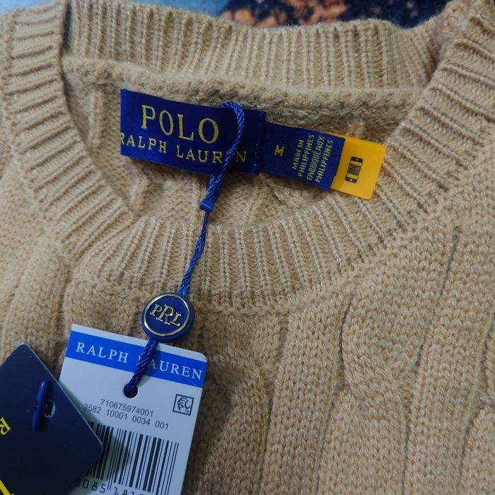 Pull torsadé col rond Polo Ralph Lauren camel logo brodé noir taille M - photo numéro 4