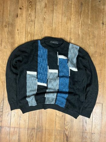 Pull vintage maille laine motifs noir multicolore Made in USA XL
