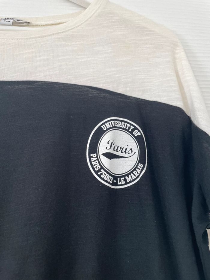 Haut t-shirt noir blanc bicolore uni basique simple logo col rond manches trois quarts - photo numéro 2