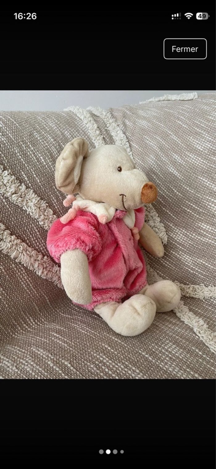 Peluche doudou 28cm tex souris marron beige et rose très bon état - photo numéro 2