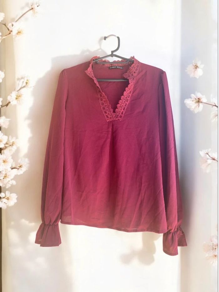 🎀 Blouse bordeaux col V dentelle et manches volantées femme taille S🎀