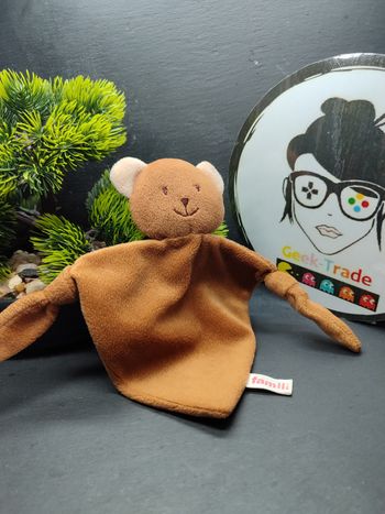 Doudou plat ours Famili triangle marron beige crème noeud Sourire Ancien Vintage