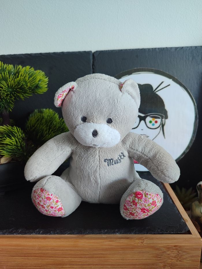 peluche Doudou ours pantin Musti mustela blanc gris rose fleur Rouge DD003073