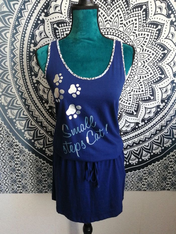 Robe de nuit bleu marine sans manches motifs pattes de chien lien à nouer / tissaia / (XS)