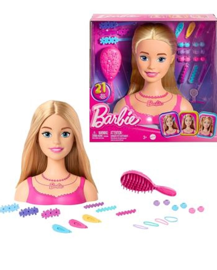 Barbie Tête de poupée cheveux blonds avec 20 accessoires colorés, tête de poupée pour coiffure