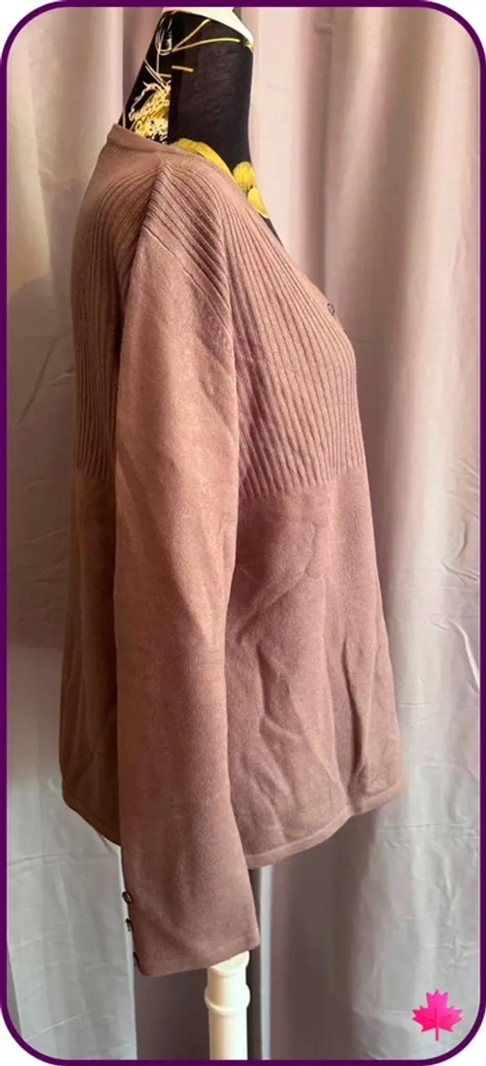Pull Marron Rosé Col V Damart - Maille Côtelée - Grande Taille XL/XXL - photo numéro 2