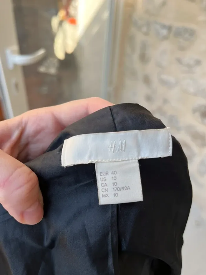 H&M - Veste longue manteau mi saison losange géométrique noir blanc motif - photo numéro 3