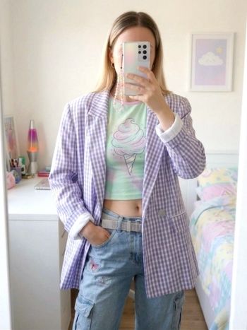 Blazer extra oversize neuf à carreaux lilas pastel en viscose & lin 