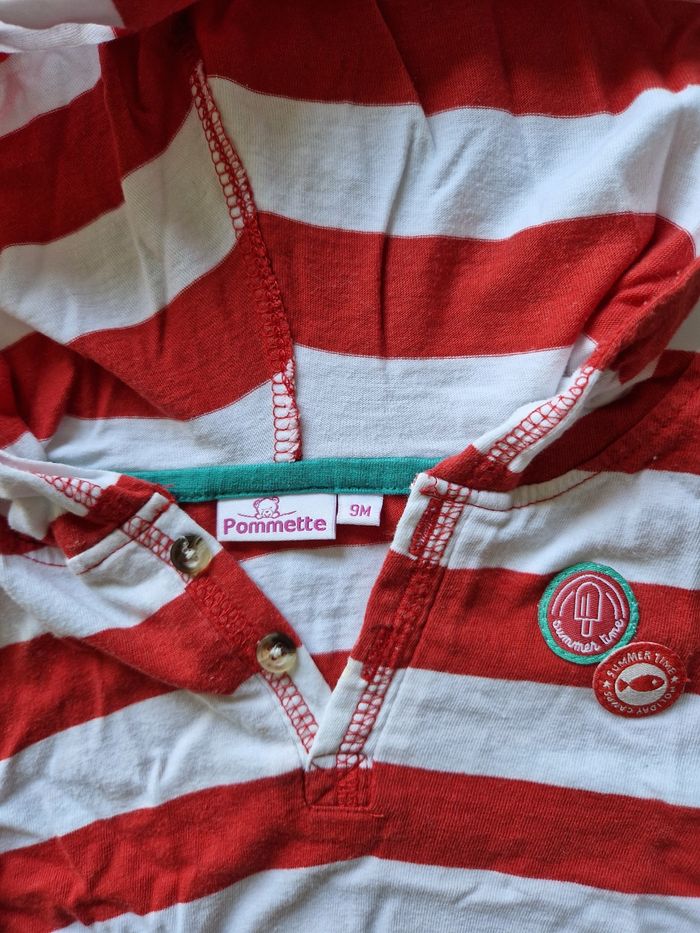 Pull capuche rayé rouge et blanc Pommette 9 mois - photo numéro 2
