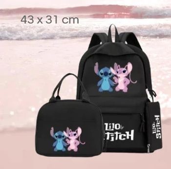 🎒Ensemble scolaire Sac à Dos, Lunchbox et Trousse Stitch & Angel noir
