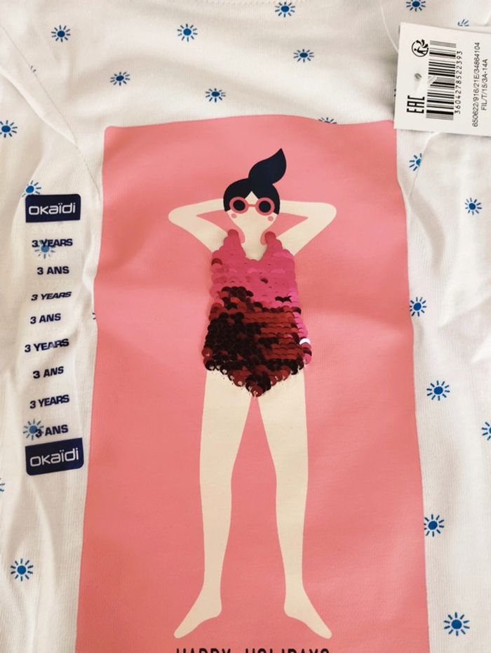 T-shirt manches courtes blanc et bleu fille Happy Holidays taille 3 ans Okaïdi - photo numéro 3