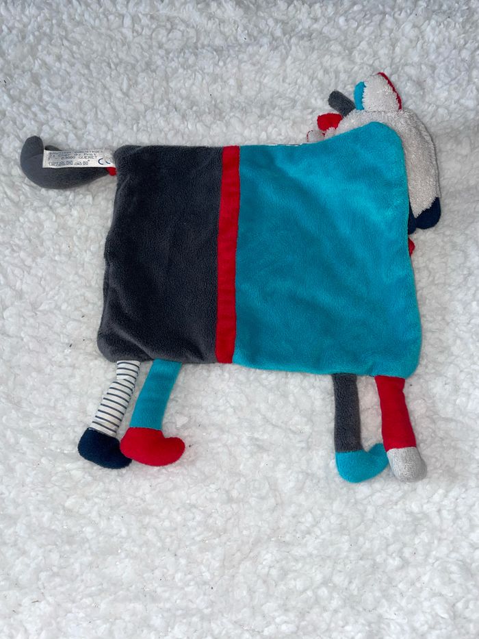 Doudou plat loup Mister Bouh gris bleu rouge rayé poche Sauthon - photo numéro 2