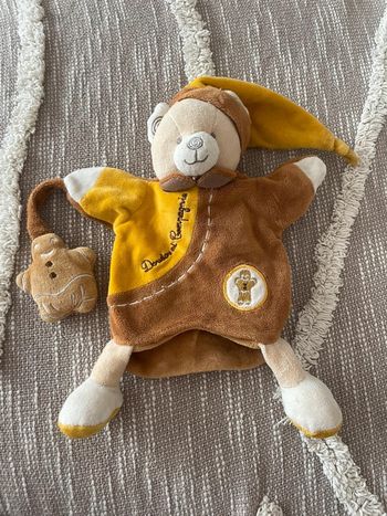 Peluche doudou et compagnie marionnette 28cm ours jaune et marron très bon état