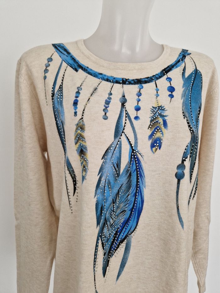 Haut beige crème motif plumes bleues H&L - photo numéro 3