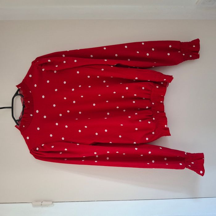 Blouse fluide rouge à pois blanc – Col montant froncé - Manches longues - Taille XS/S/M - Naf Naf