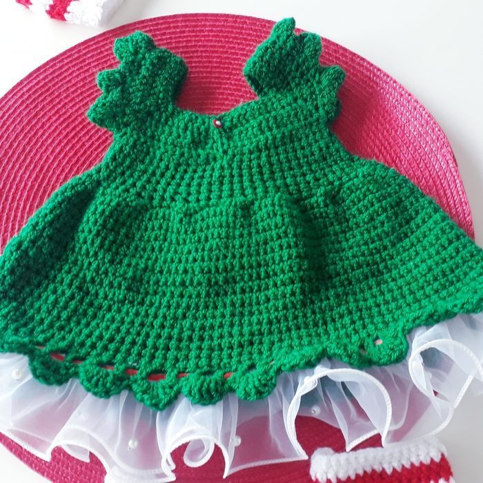 Vêtement bébé fille lutin Noël robe crochet dentelle noeud satin rouge - photo numéro 6