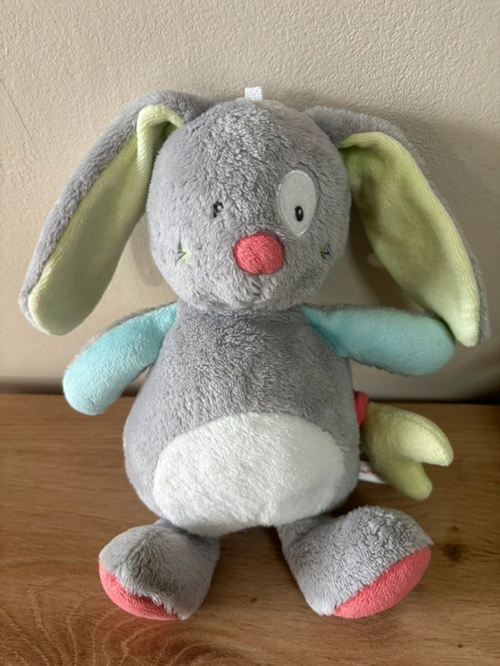 Doudou peluche lapin gris bleu vert musical sucre d orge - photo numéro 2