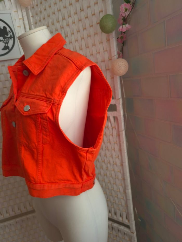 💕Jolie Veste en jean sans manches / Gilet cropped - BZB Orange  -femme  T.M 💕 - photo numéro 10