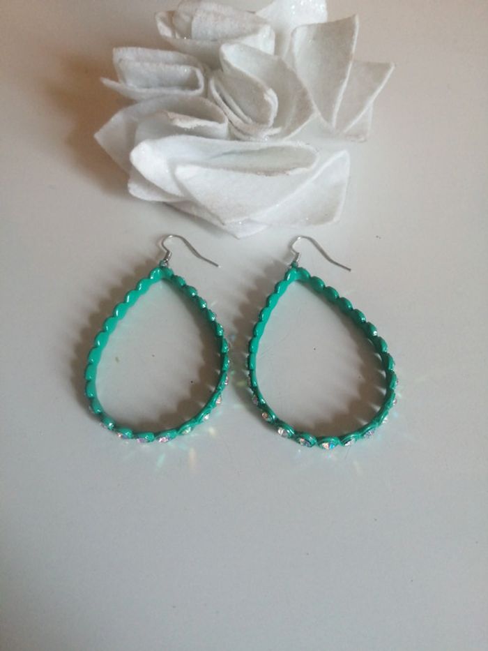 🌸Créoles allongées Acier turquoise "Tendance Acier" 🌸 - photo numéro 3