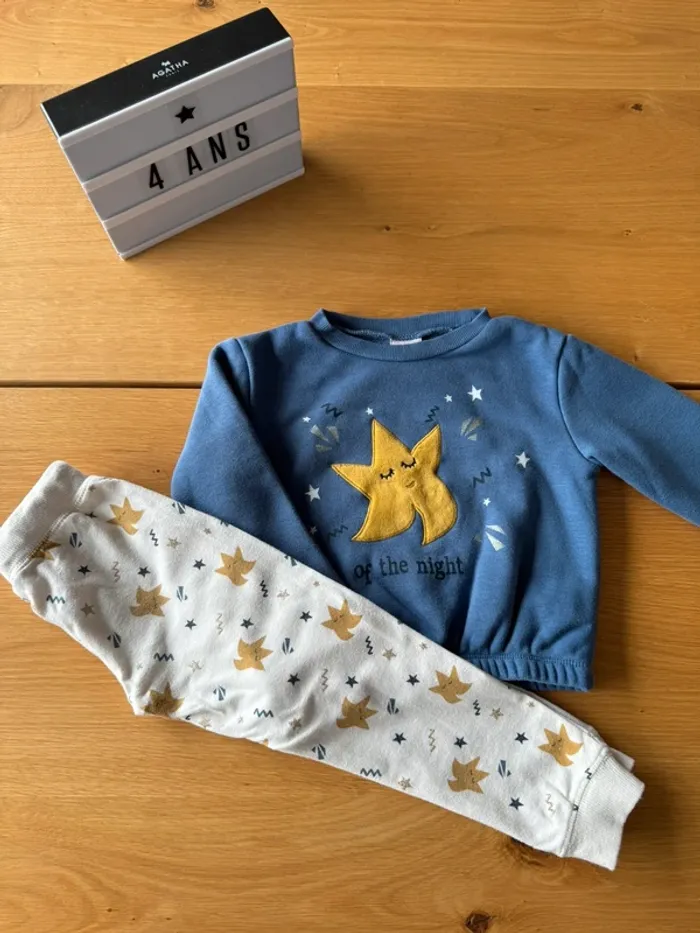Pyjama molleton et coton 2 pièces ML bleu/blanc avec étoile - Taille 4 Ans