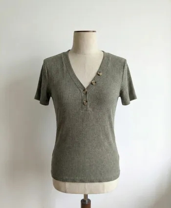 T-shirt Côtelé Kaki à Boutons Creeks - Taille L